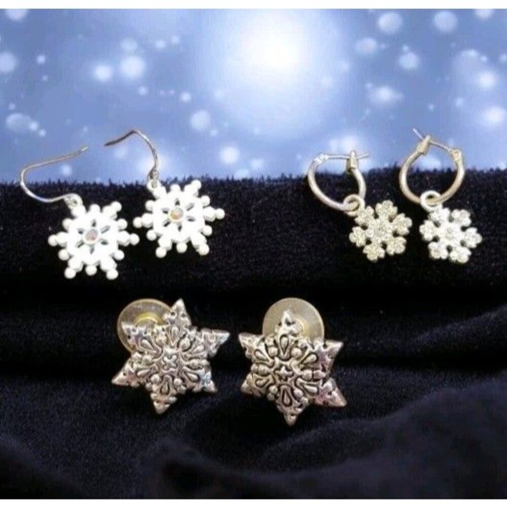 LOT 3 pair Winter Earrings Snowflake White Silver Tone Rhinestones AVON NR
